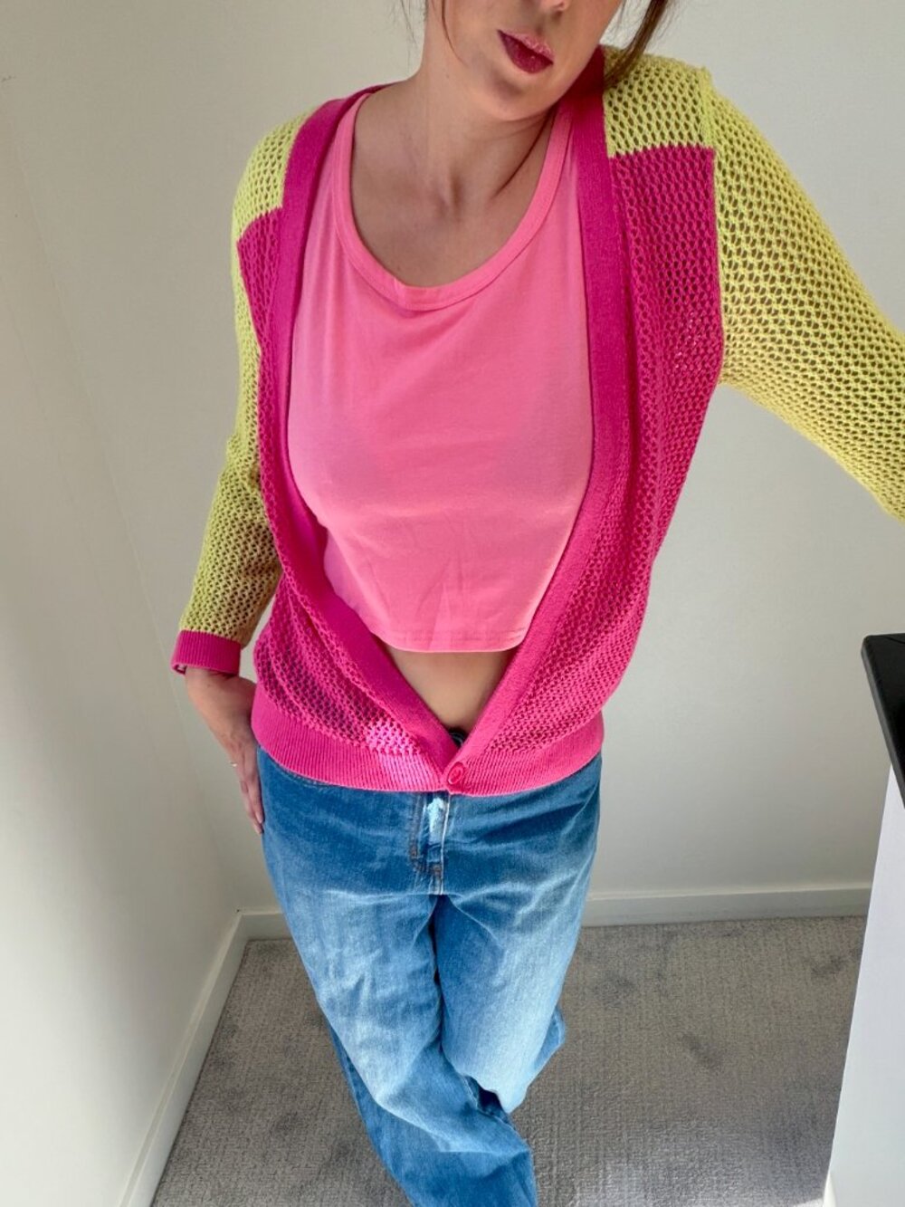Christopher & Banks 80's Open Weave Neon Colorblocked Ramie Cardigan- Size Sm